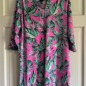 Caribbean Joe Pink and Green Leaf Long Sleeve Dress